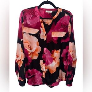 Calvin Klein Women Medium M Floral Black Pink Peach Button Up Top